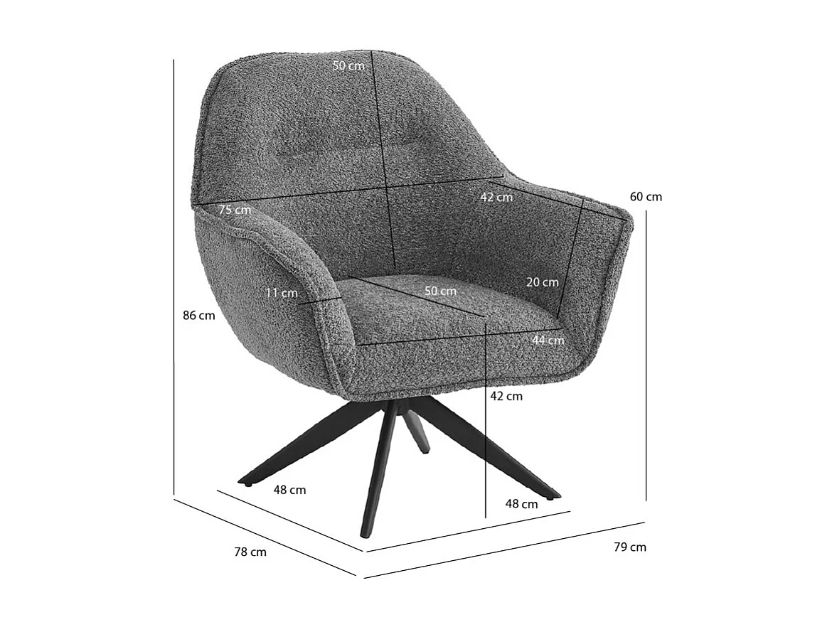 Fauteuil pivotant 360° tissu bouclette gris et pied en métal - EDWARD