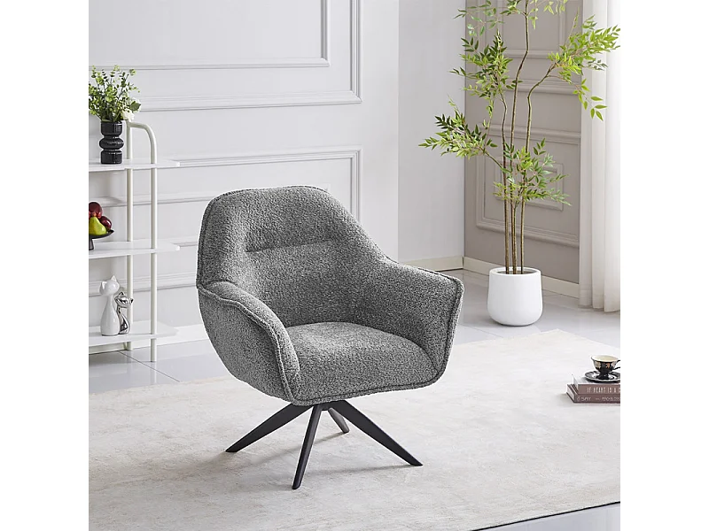 Fauteuil pivotant 360° tissu bouclette gris et pied en métal - EDWARD