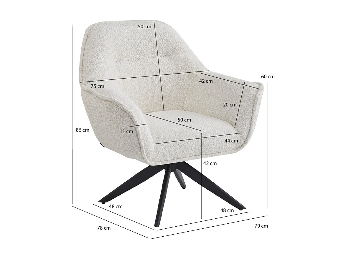 Fauteuil pivotant 360° tissu bouclette écru et pied en métal - EDWARD