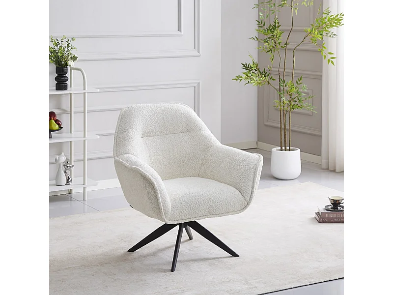 Fauteuil pivotant 360° tissu bouclette écru et pied en métal - EDWARD