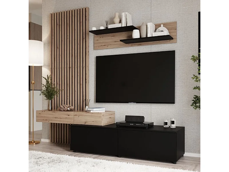 Meuble TV mural avec tasseaux noir et bois Huby