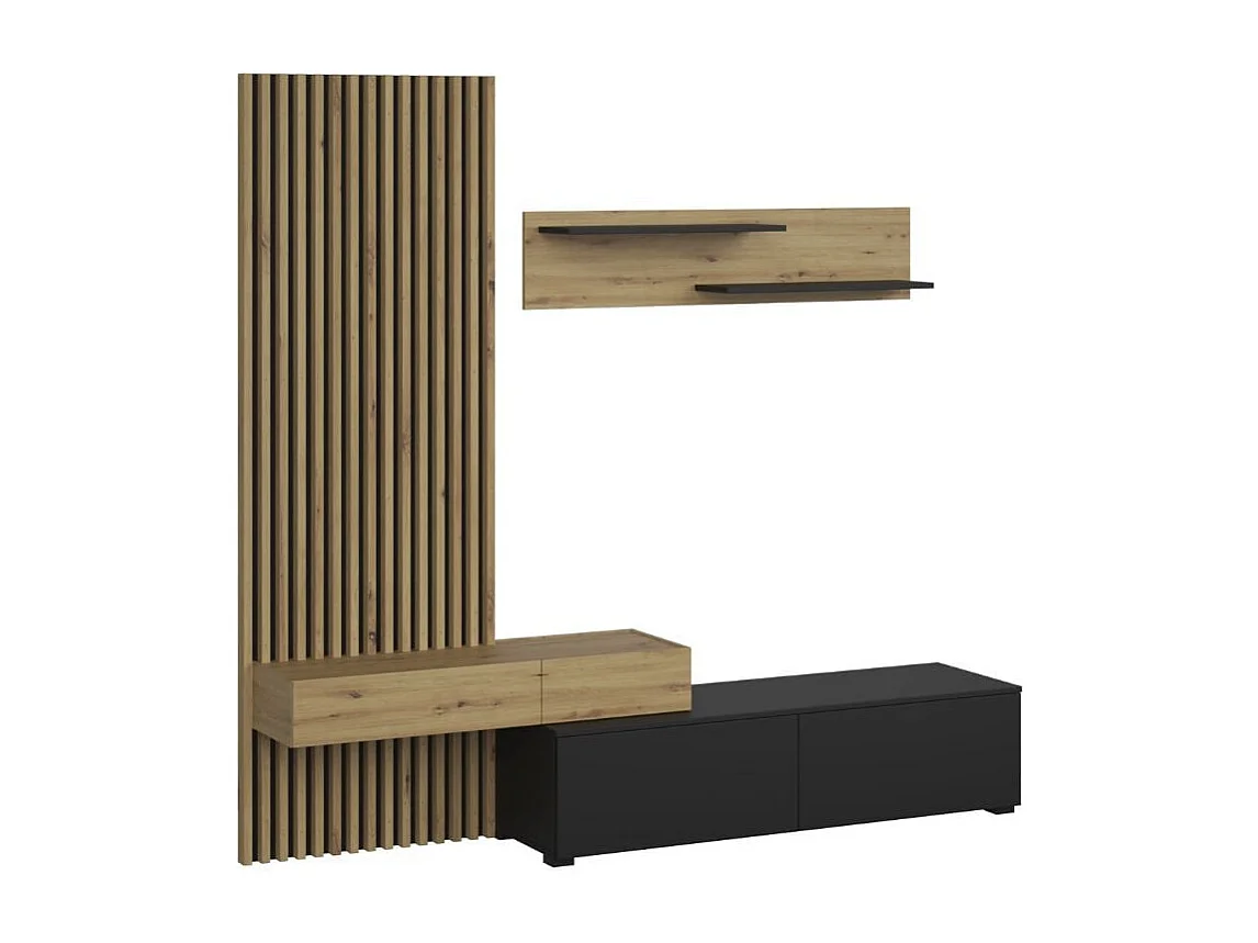 Meuble TV mural avec tasseaux noir et bois Huby