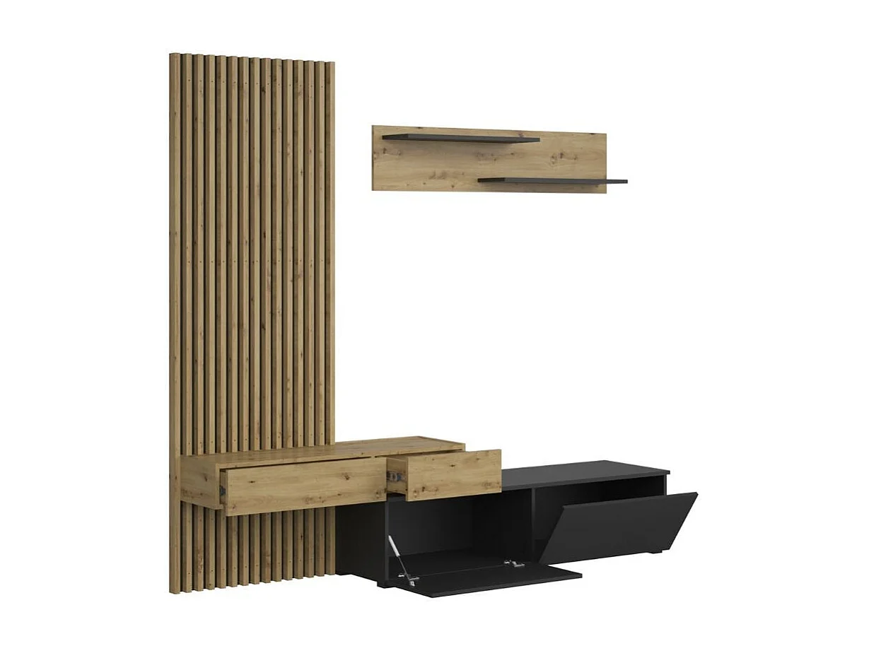 Meuble TV mural avec tasseaux noir et bois Huby