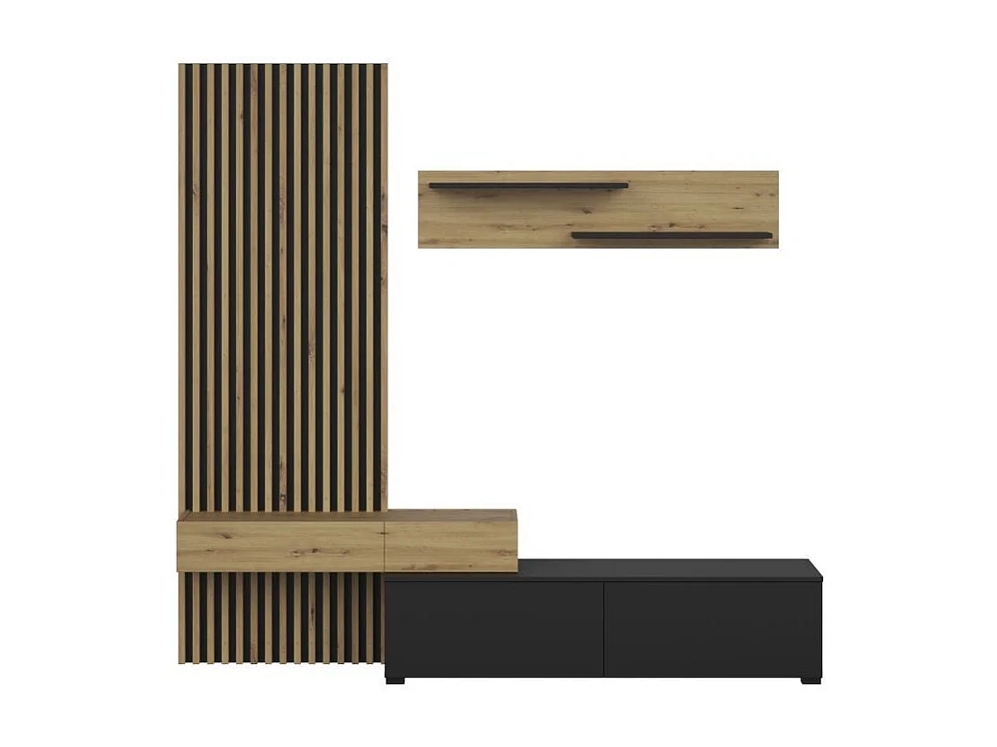 Meuble TV mural avec tasseaux noir et bois Huby