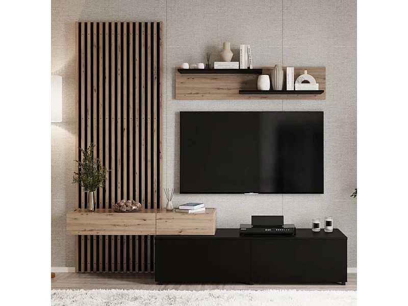 Meuble TV mural avec tasseaux noir et bois Huby