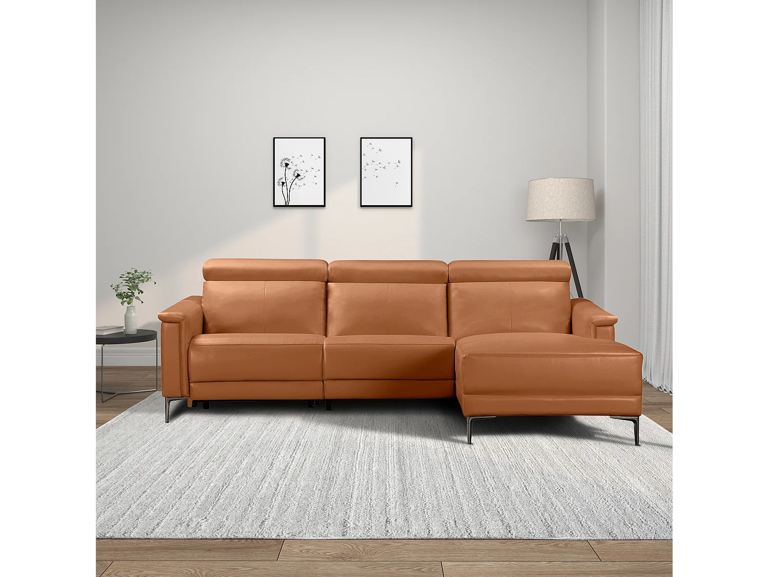 Lund | Canapé d’angle 3 places avec 1 fauteuil électrique en cognac en cuir artificiel