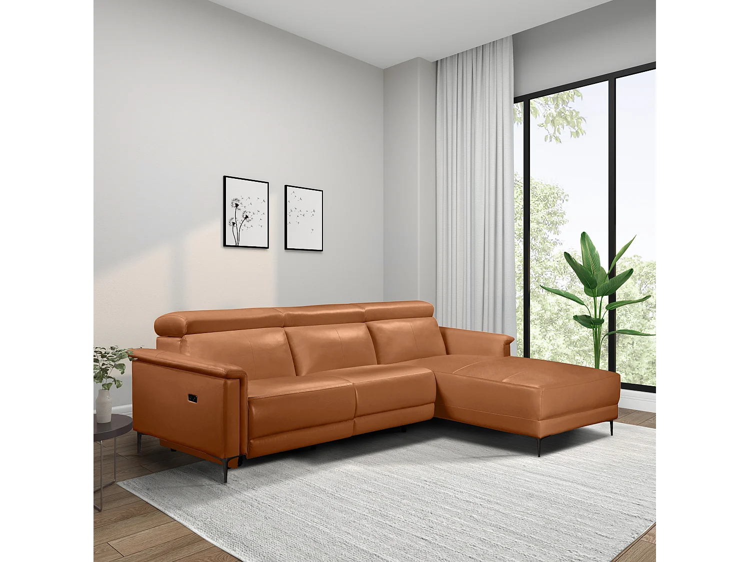 Lund | Canapé d’angle 3 places avec 1 fauteuil électrique en cognac en cuir artificiel