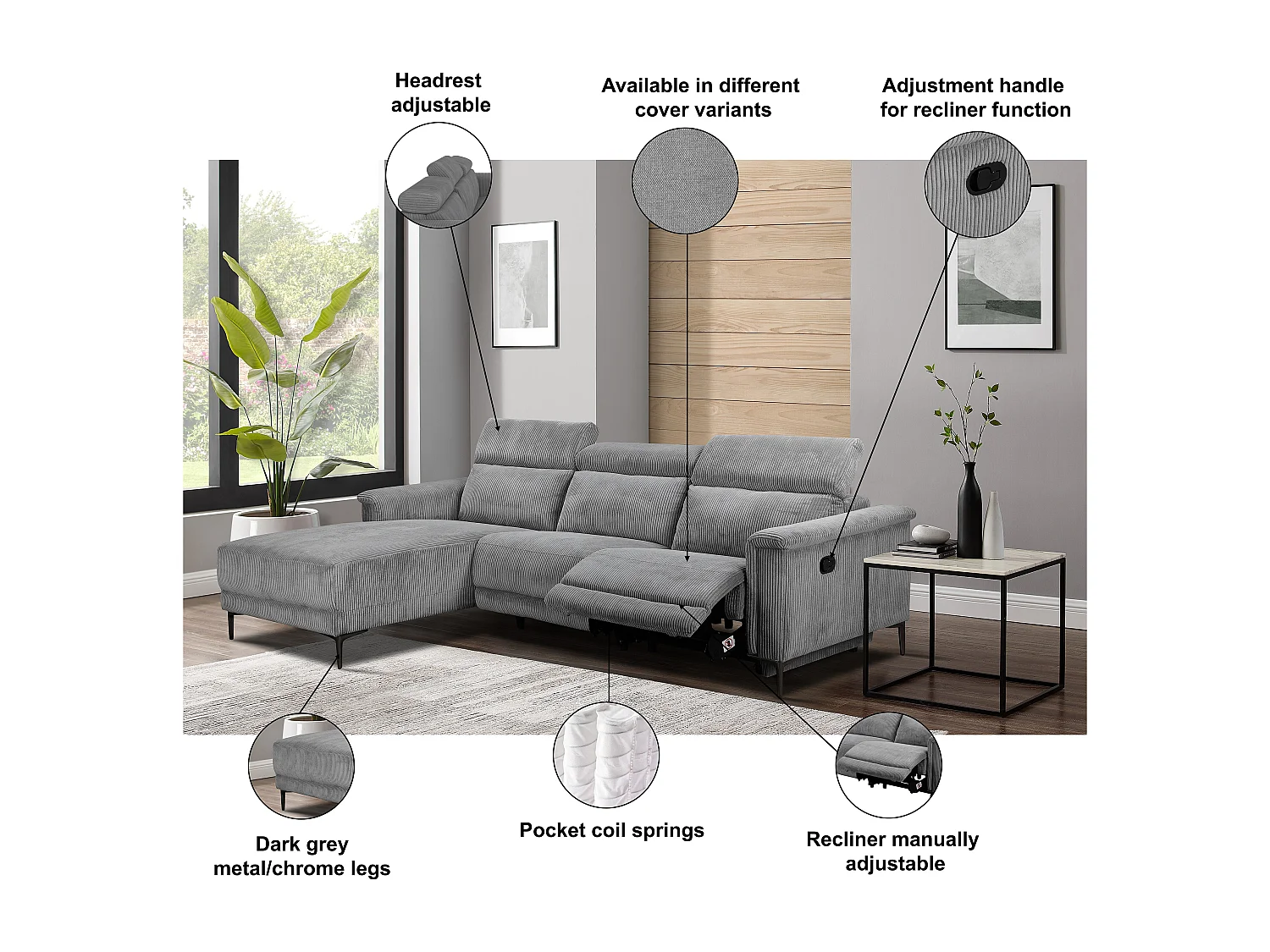 Lund | Canapé d’angle 3 places avec 1 fauteuil inclinable manuelleuel en cuir artificiel crème