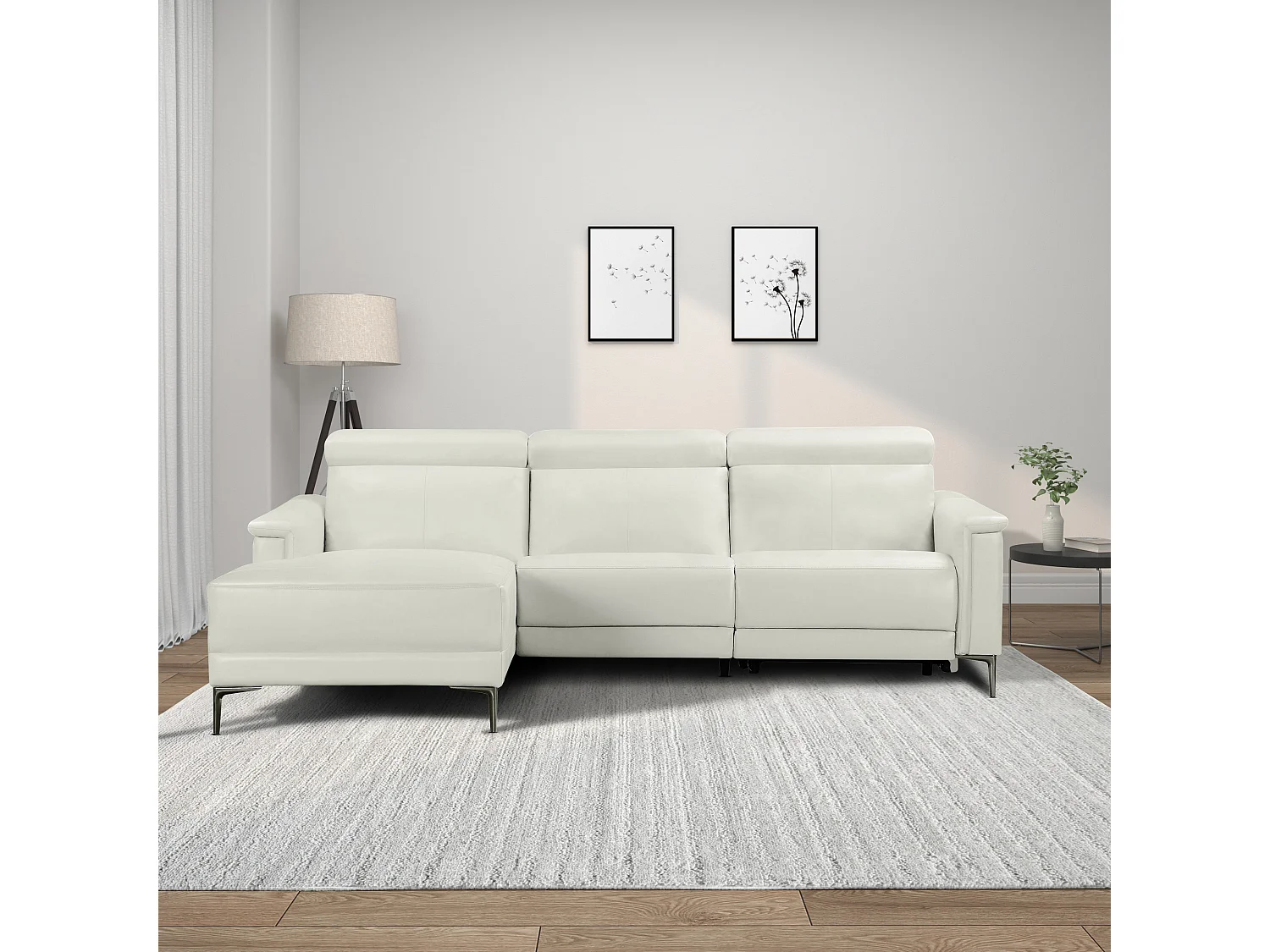 Lund | Canapé d’angle 3 places avec 1 fauteuil inclinable manuelleuel en cuir artificiel crème