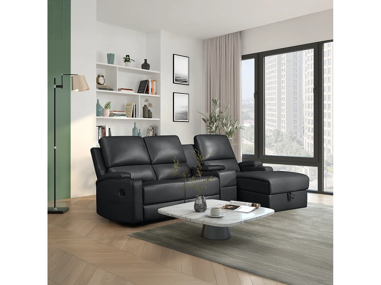 DALLAS | Canapé d’angle 3 places avec rangement en cuir artificiel noir