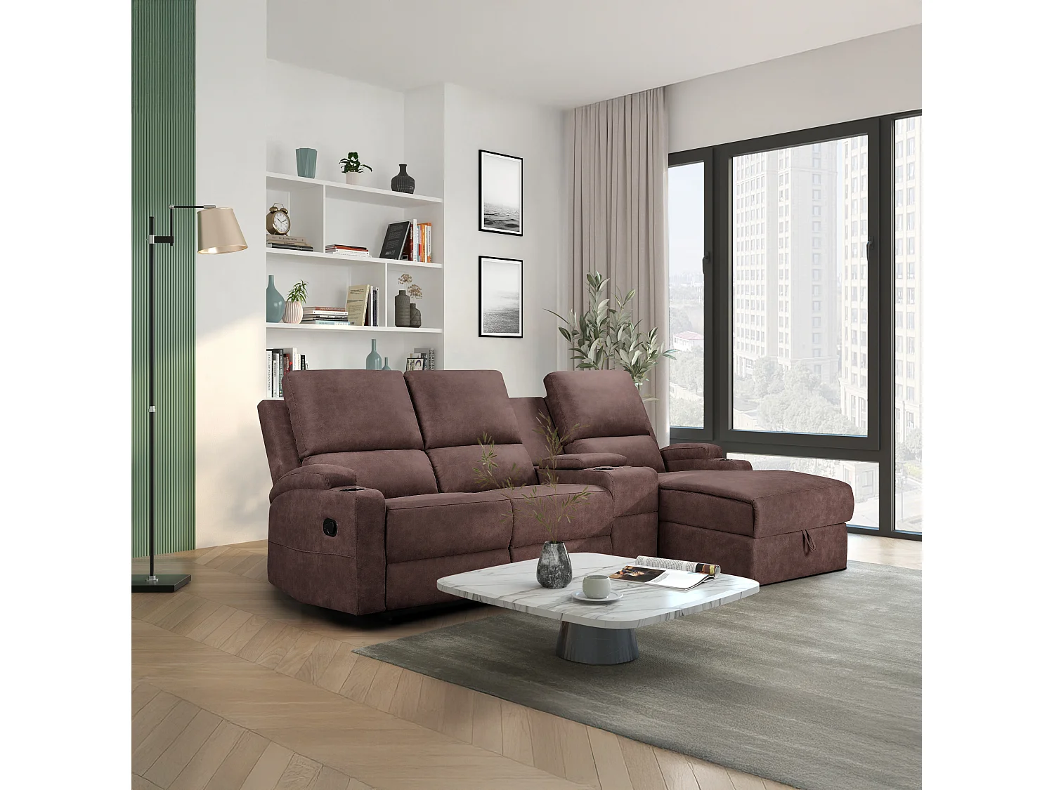 DALLAS | Canapé d’angle 3 places avec rangement en microfibre brun foncé