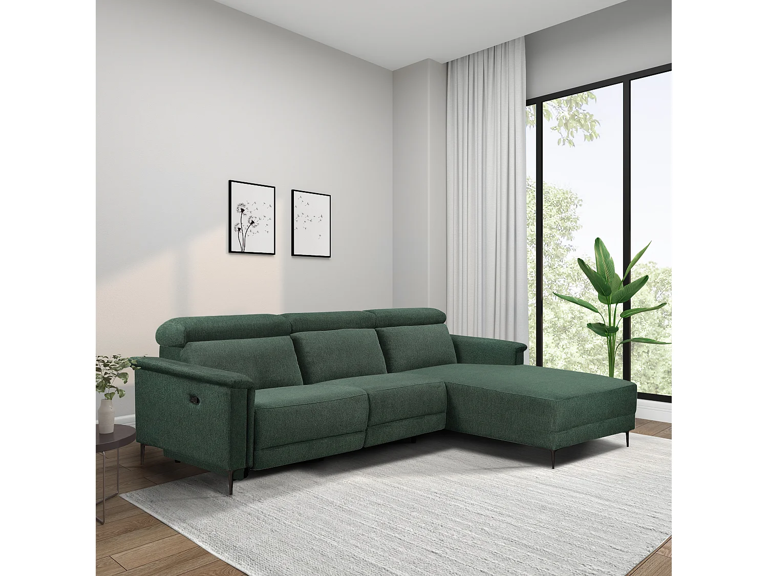 Lund | Canapé 3 places avec 1 fauteuil inclinable électrique en tissuaric vert foncé