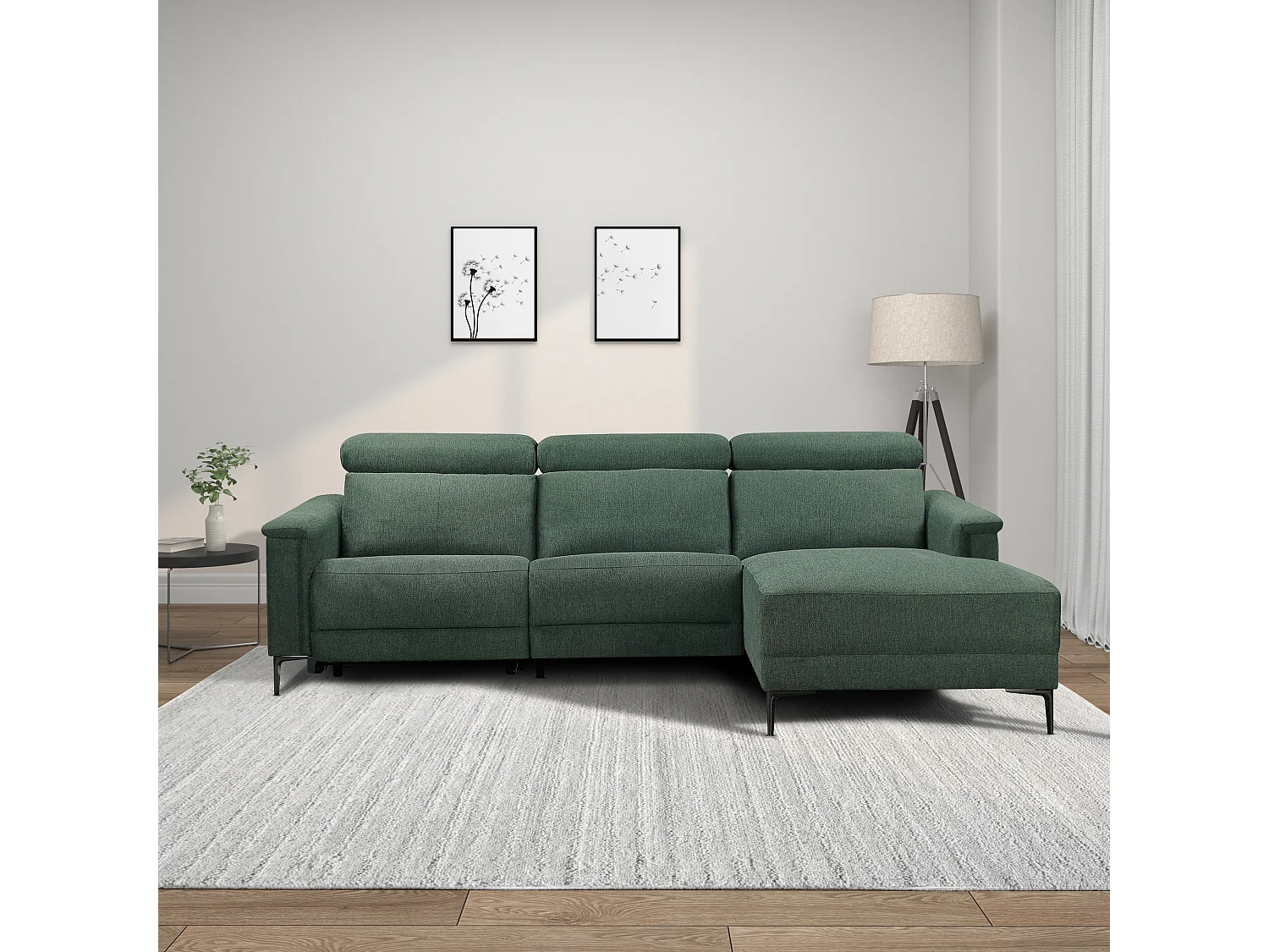 Lund | Canapé 3 places avec 1 fauteuil inclinable électrique en tissuaric vert foncé
