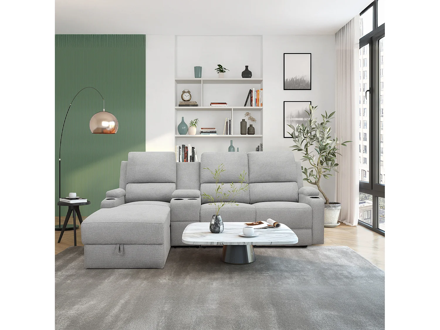 DALLAS | Canapé d’angle à 3 places avec rangement en tissu gris clair