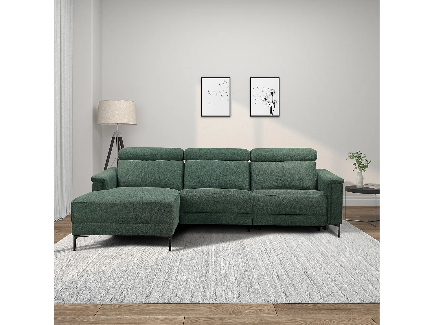 Lund | Canapé 3 places avec 1 fauteuil inclinable électrique en tissu vert foncé