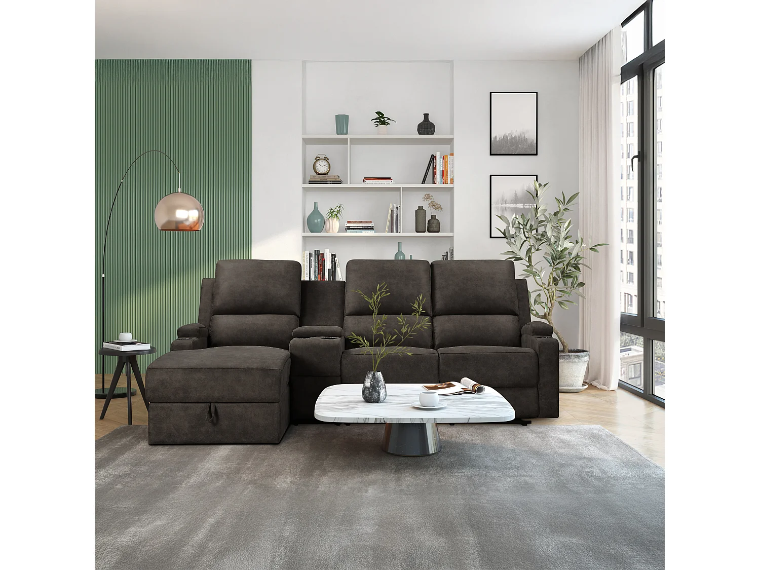 Canapé d'angle relax 3 places avec rangement en microfibre gris