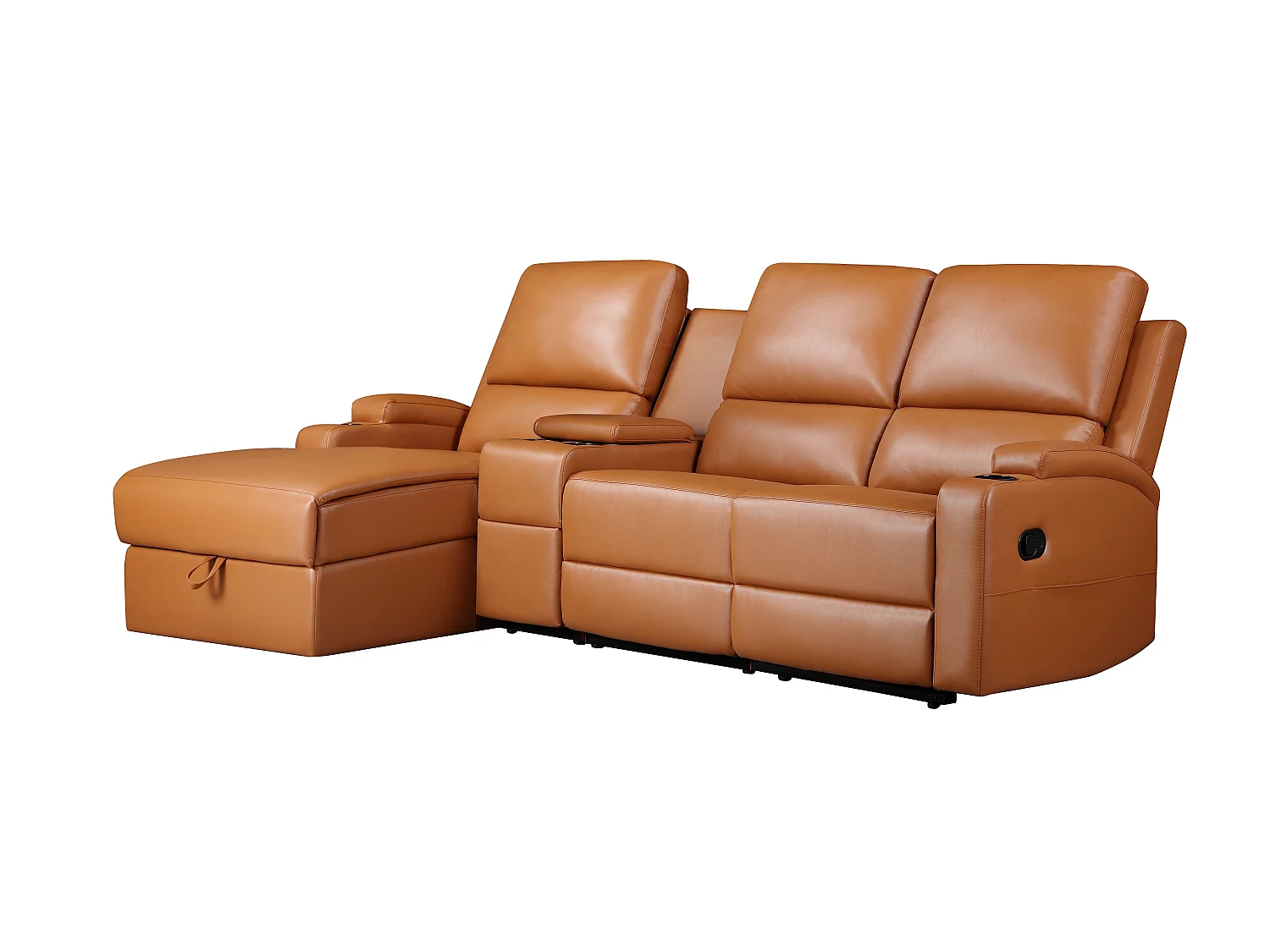 DALLAS | Canapé d’angle 3 places avec rangement en cuir artificiel couleur cognac