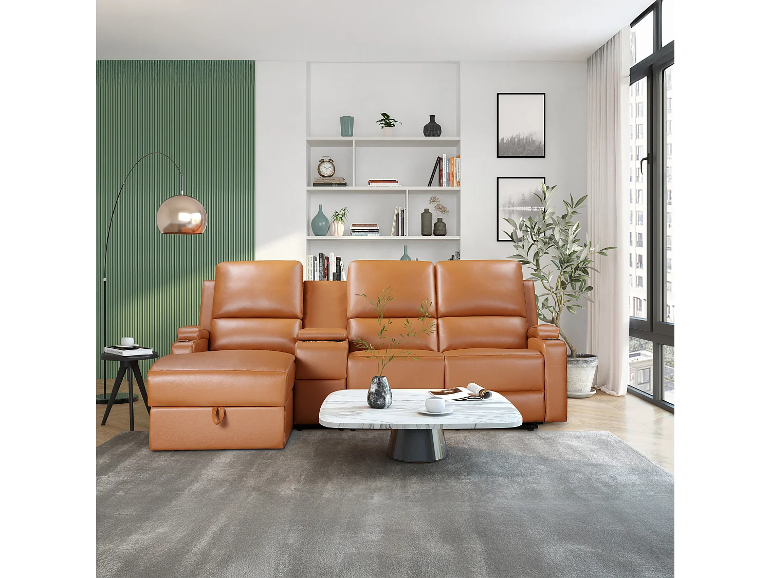 DALLAS | Canapé d’angle 3 places avec rangement en cuir artificiel couleur cognac