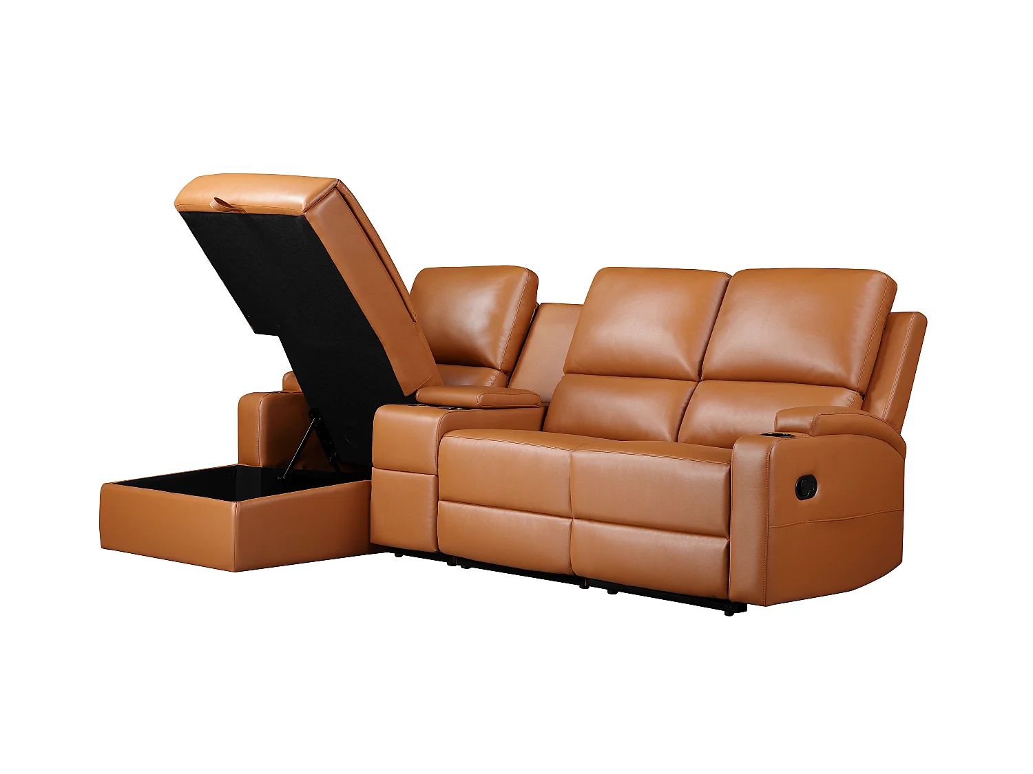 DALLAS | Canapé d’angle 3 places avec rangement en cuir artificiel couleur cognac