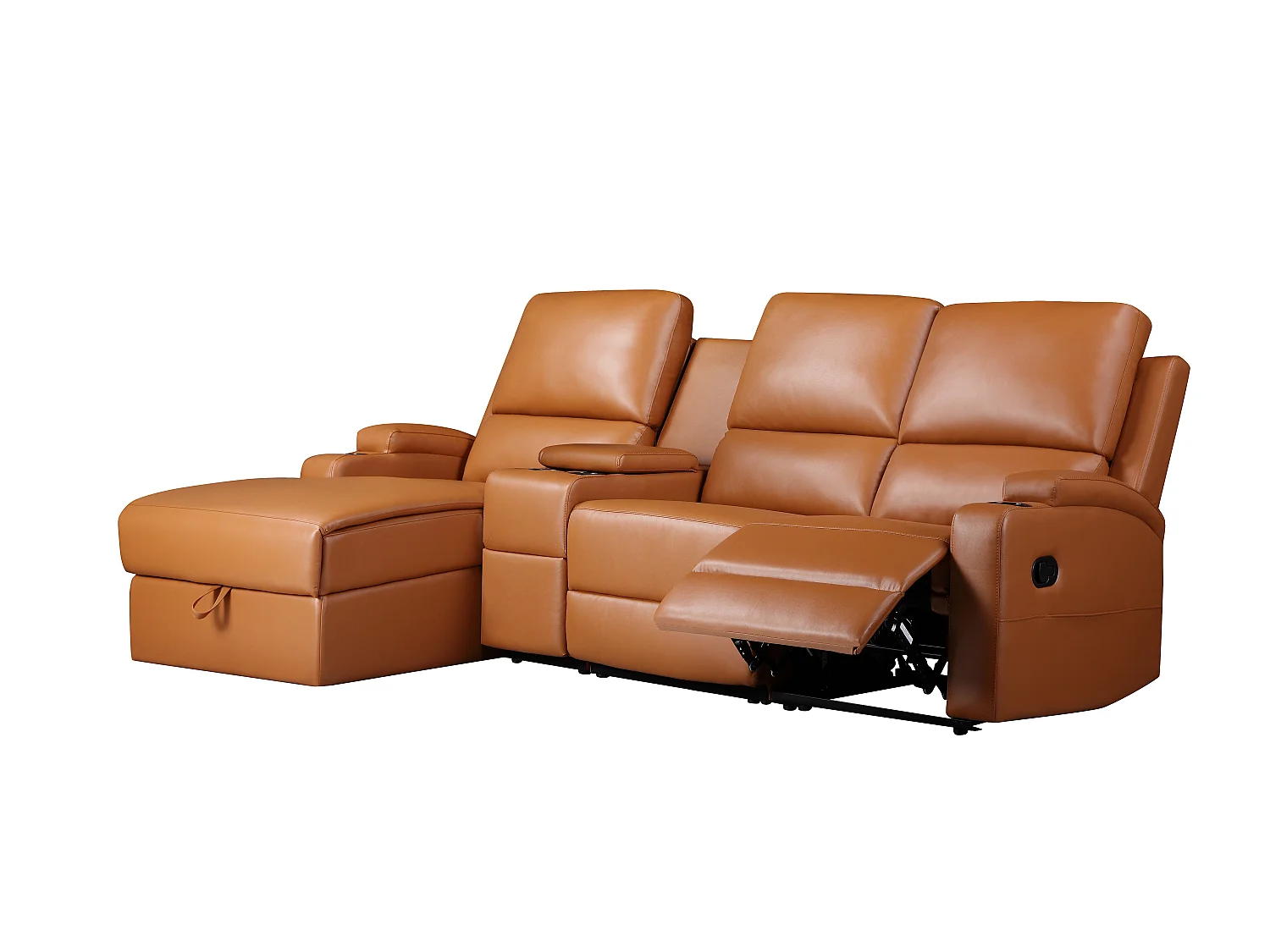 DALLAS | Canapé d’angle 3 places avec rangement en cuir artificiel couleur cognac