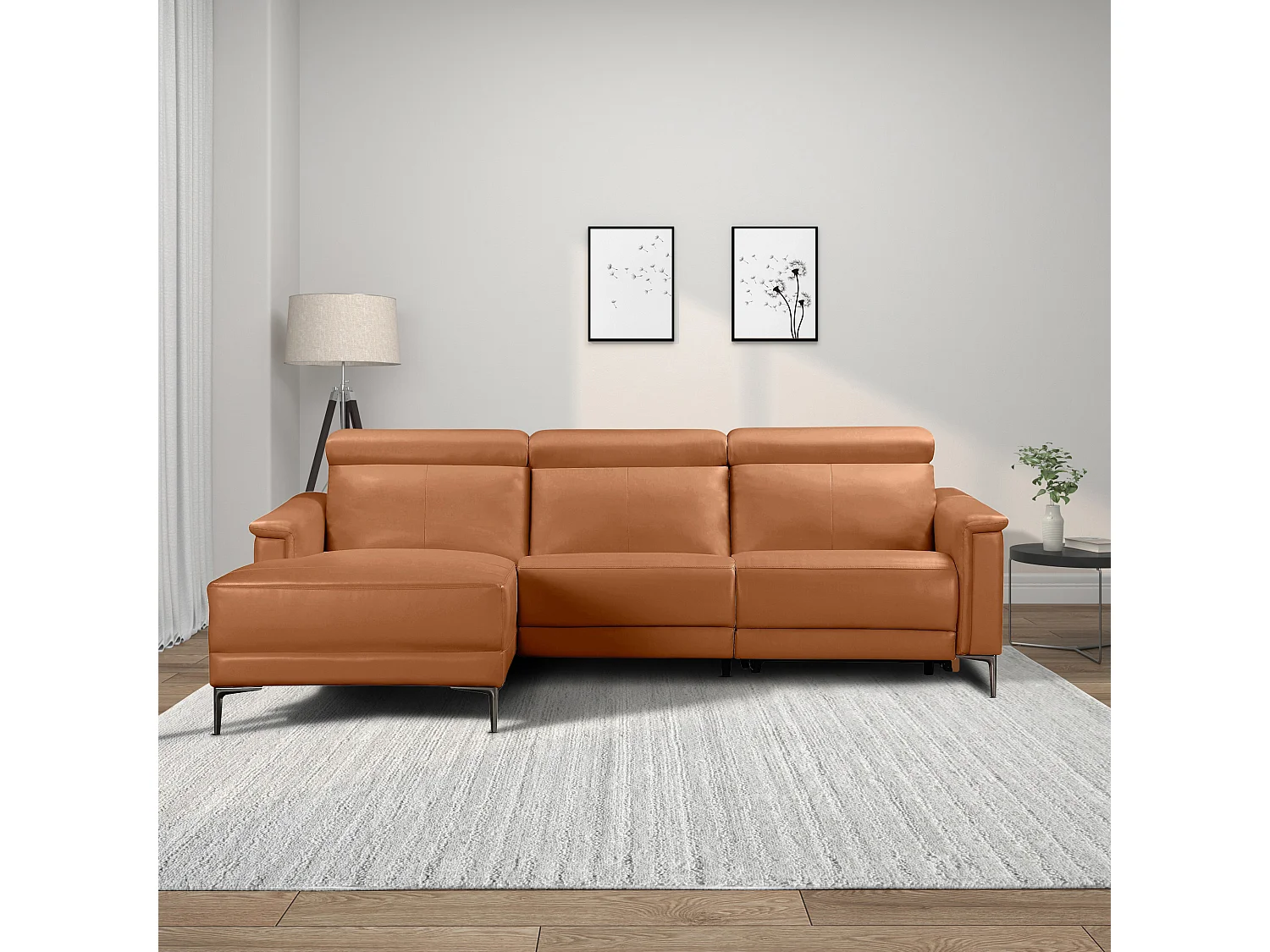 Lund | Canapé 3 places avec 1 fauteuil inclinable manuelleuel en cuir artificiel Cognac