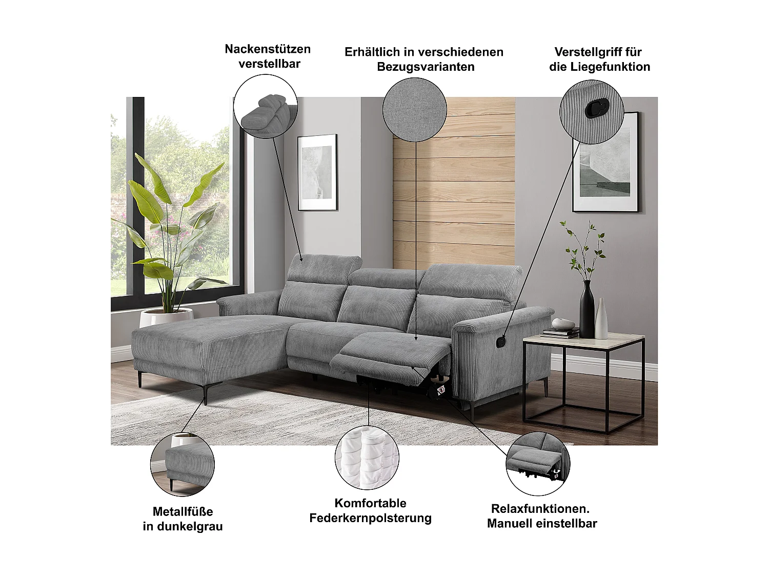 Lund | Canapé chaise longue avec un fauteuil inclinable à manuelleuel en tissu anthracite