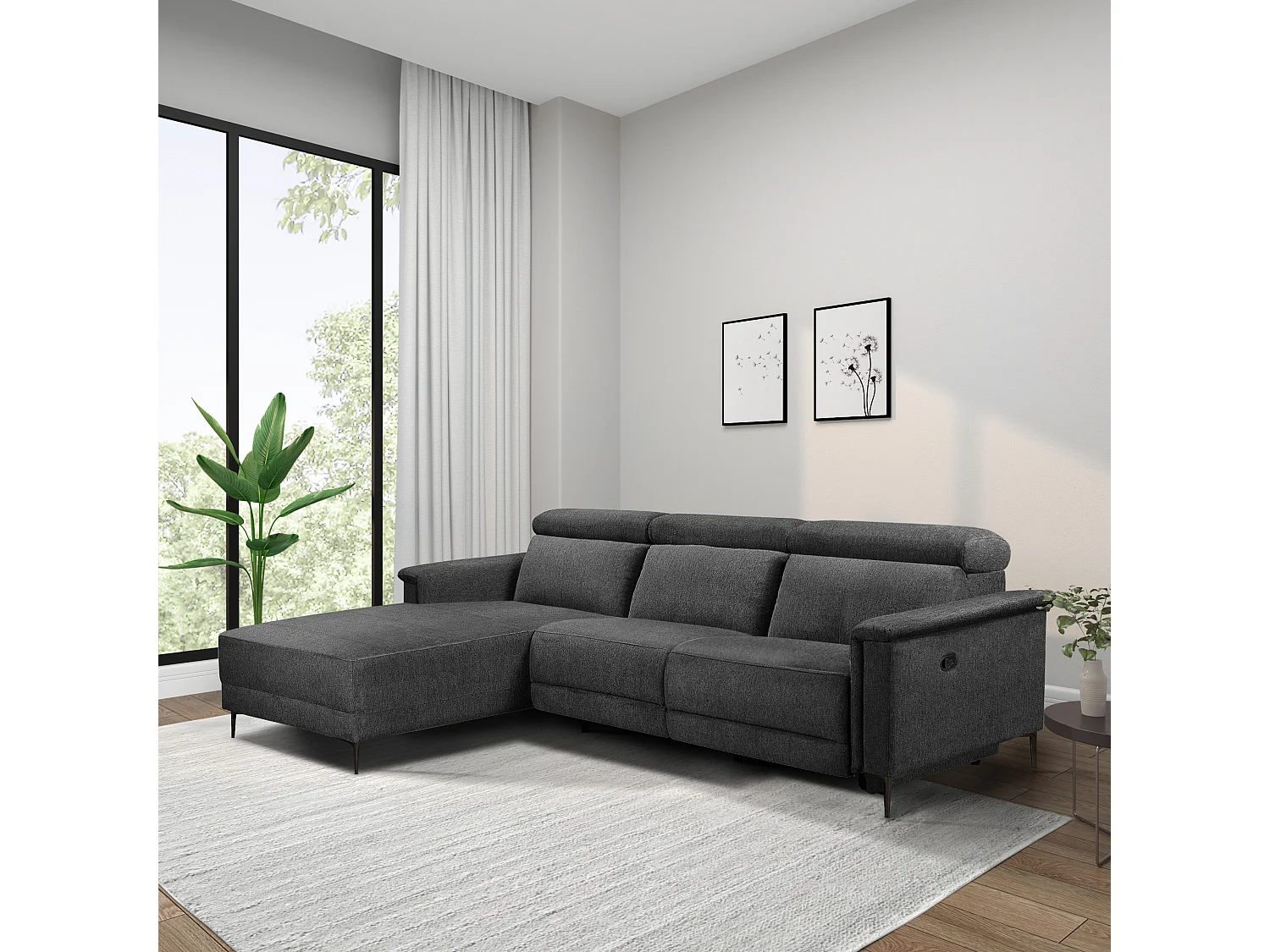 Lund | Canapé chaise longue avec un fauteuil inclinable à manuelleuel en tissu anthracite