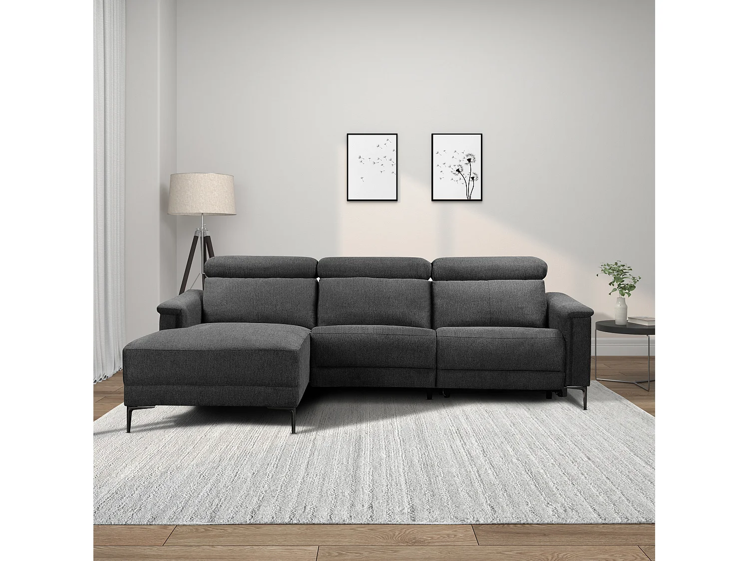 Lund | Canapé chaise longue avec un fauteuil inclinable à manuelleuel en tissu anthracite