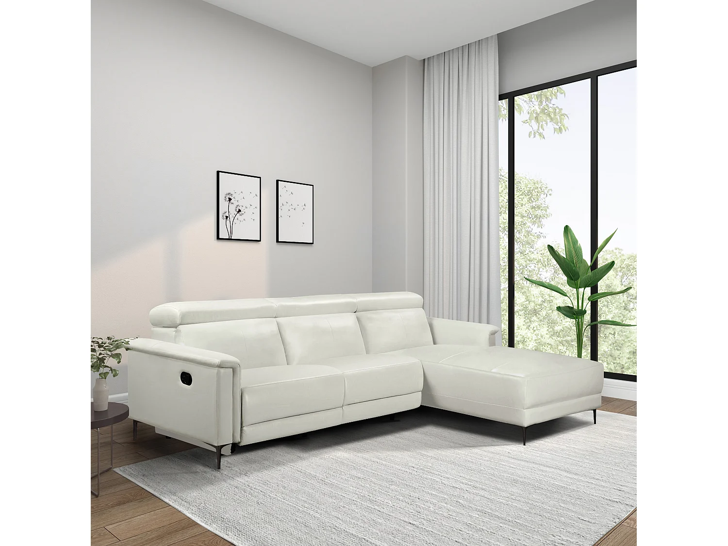 Lund | Canapé d’angle 3 places avec 1 fauteuil inclinable manuelleuel en cuir artificiel crème