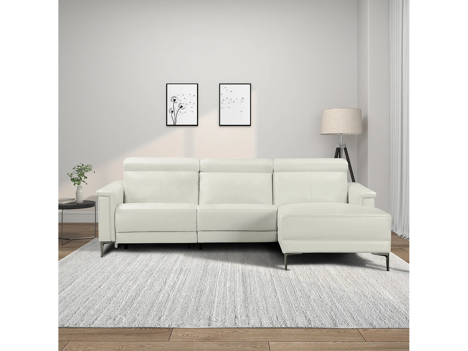 Lund | Canapé d’angle 3 places avec 1 fauteuil inclinable manuelleuel en cuir artificiel crème