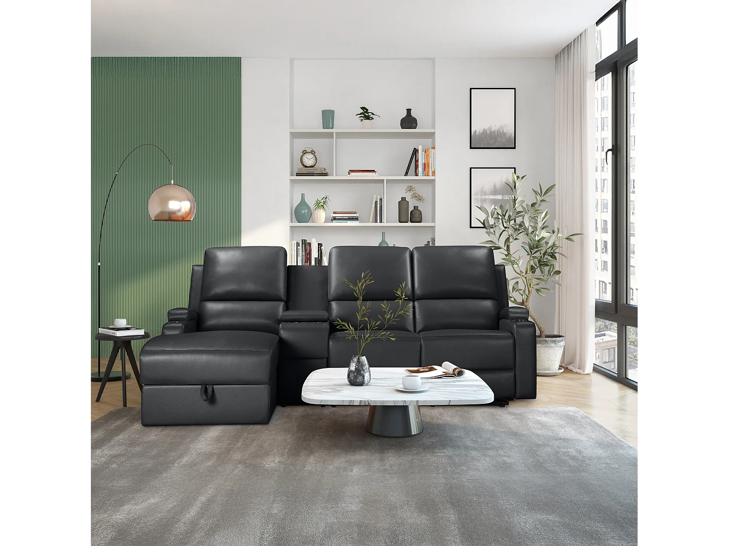 DALLAS | Canapé d’angle 3 places avec rangement en cuir artificiel noir