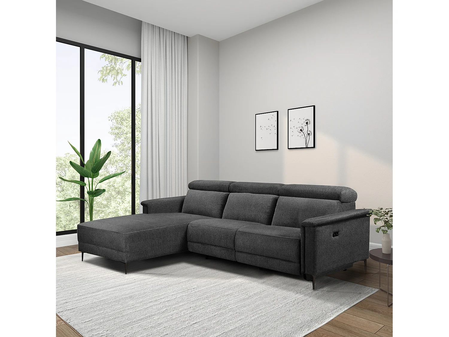 Lund | Canapé chaise longue avec 1 fauteuil inclinable électrique en tissu anthracite