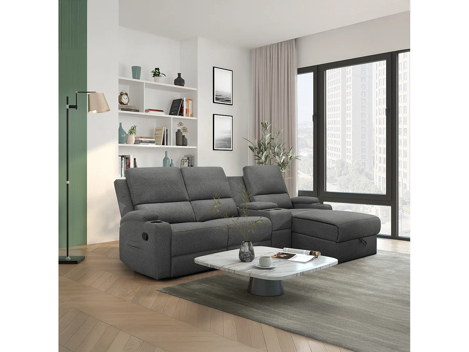 DALLAS | Canapé d’angle 3 places avec rangement en tissu anthracite