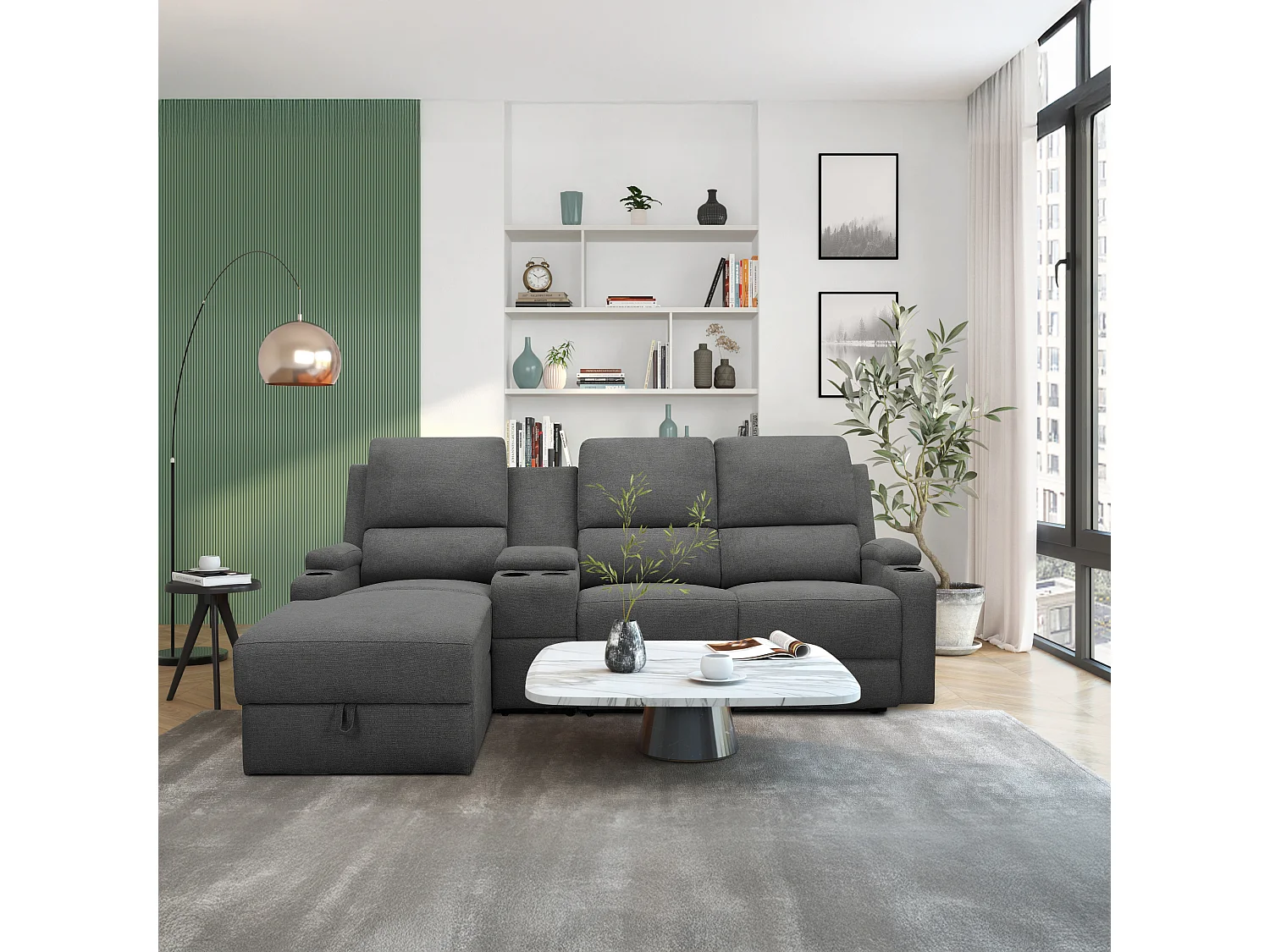 DALLAS | Canapé d’angle 3 places avec rangement en tissu anthracite