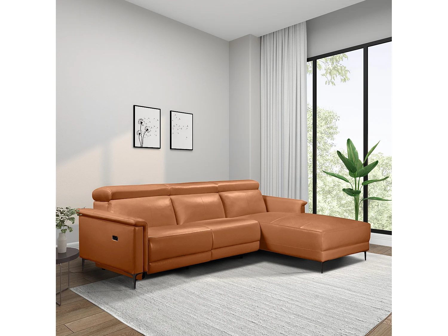 Canapé d'angle relax 3 places inclinable en cuir marron LUND