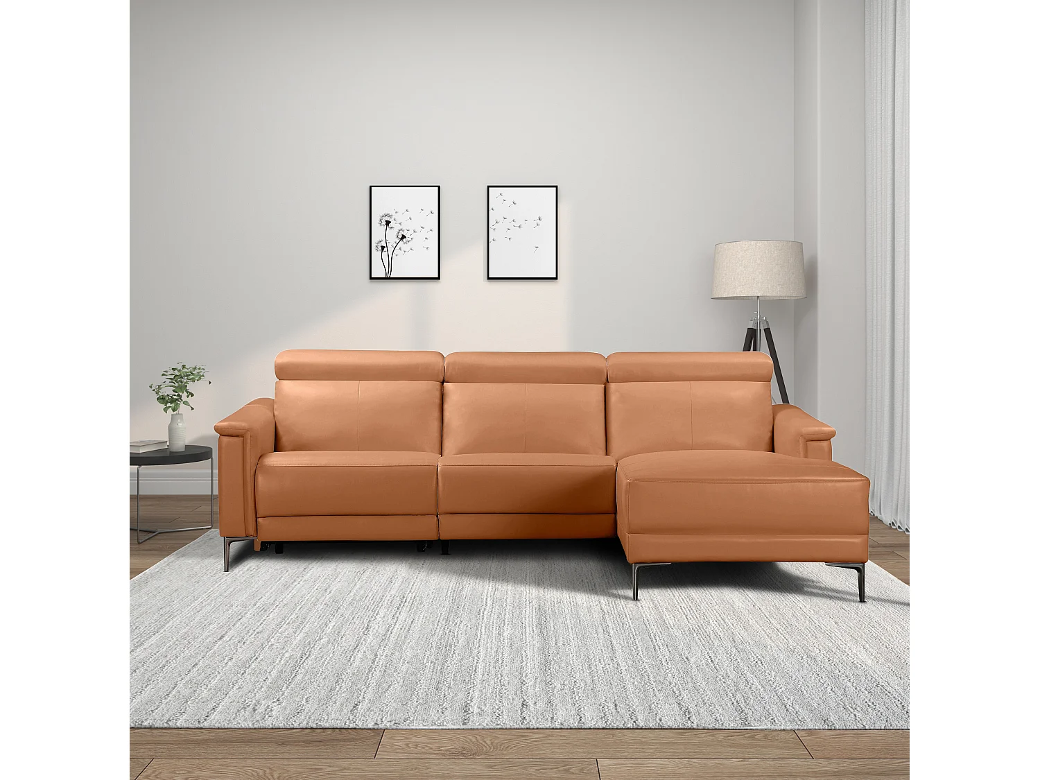 Canapé d'angle relax 3 places inclinable en cuir marron LUND