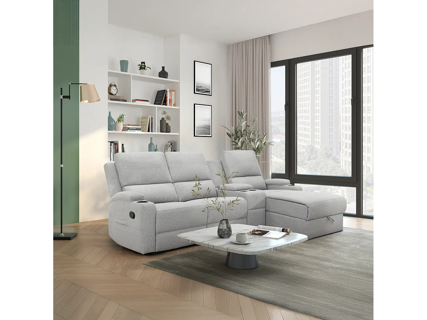 DALLAS | Canapé d’angle à 3 places avec rangement en tissu gris clair