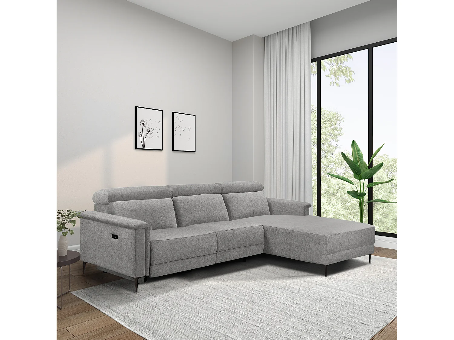 Lund | Canapé chaise lounge avec 1 fauteuil inclinable électrique en tissu gris clair