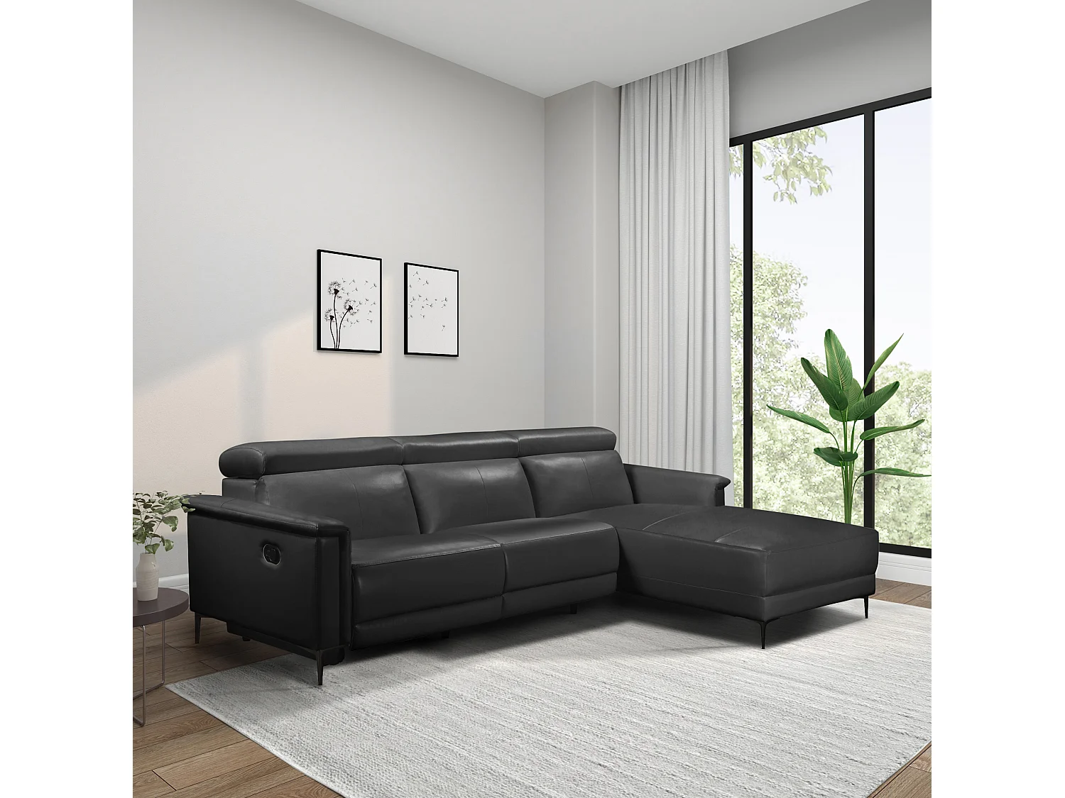 Lund | Canapé d’angle 3 places avec 1 fauteuil inclinable manuelleuel en cuir artificiel noir