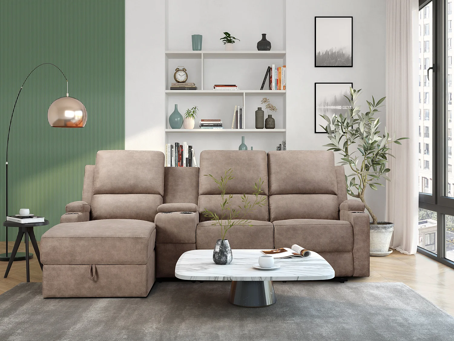 DALLAS | Canapé d’angle 3 places avec rangement en microfibre taupe