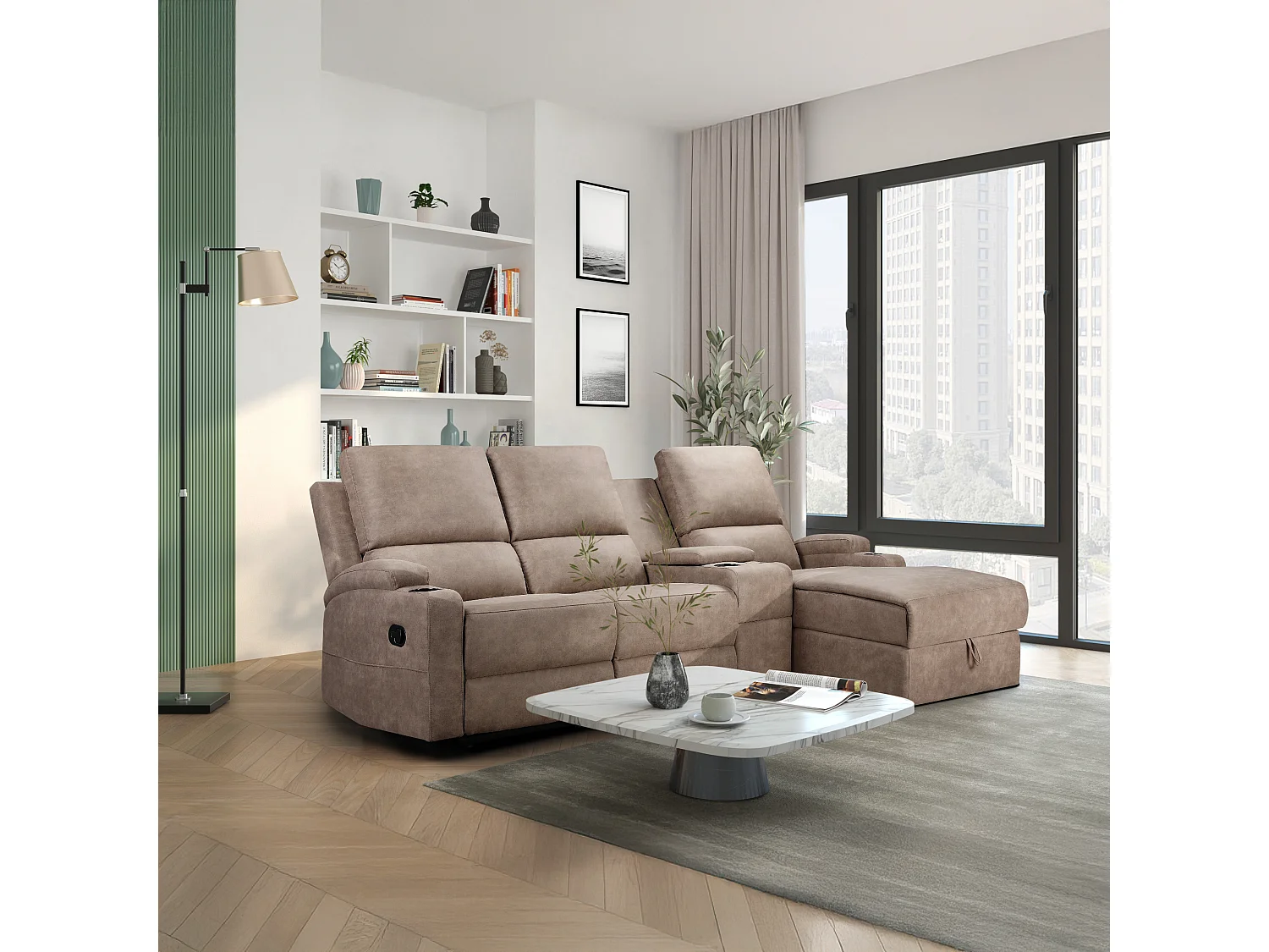 DALLAS | Canapé d’angle 3 places avec rangement en microfibre taupe