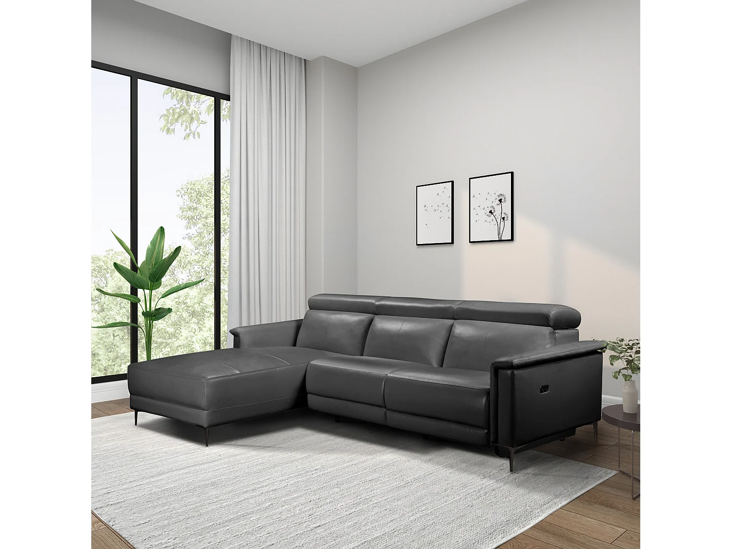 Lund | Canapé d’angle 3 places avec 1 fauteuil inclinable électrique en cuir artificiel noir
