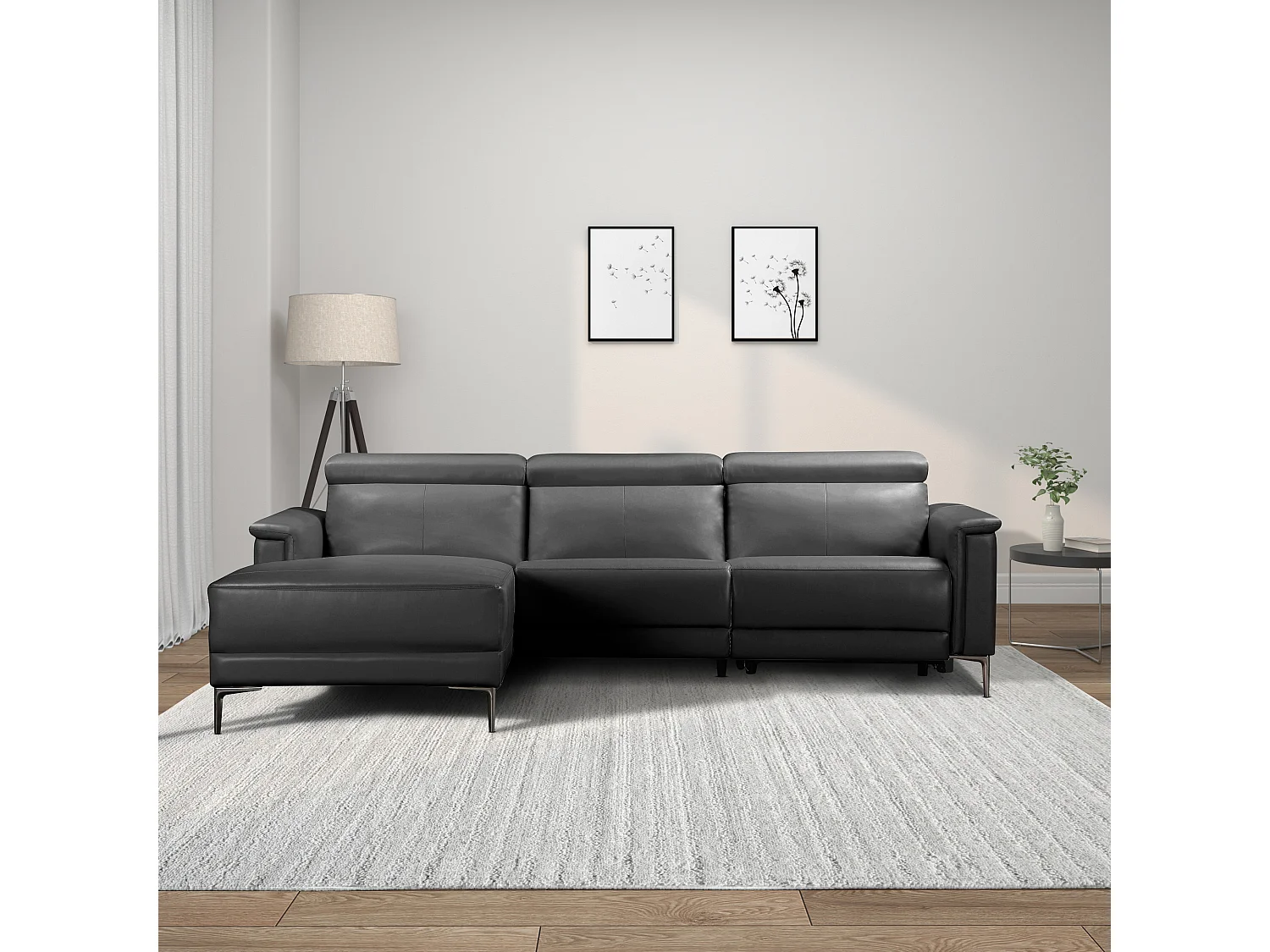 Lund | Canapé d’angle 3 places avec 1 fauteuil inclinable électrique en cuir artificiel noir