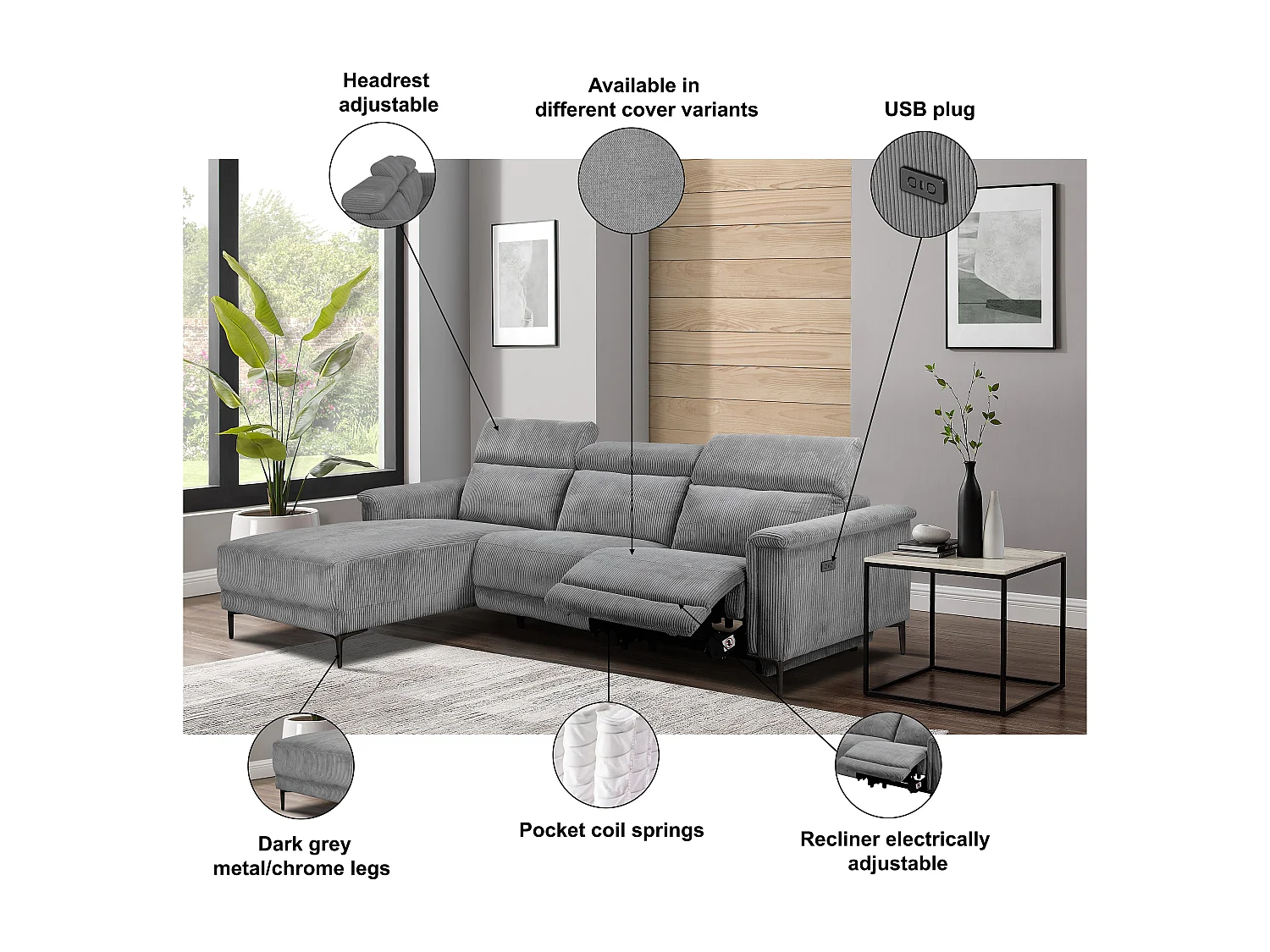 Lund | Canapé d’angle 3 places avec 1 fauteuil inclinable électrique en cuir artificiel noir