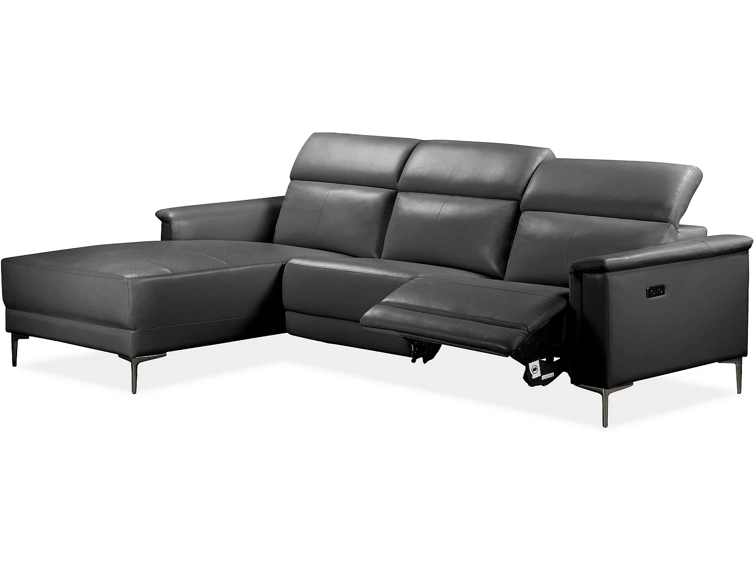Canapé d'angle droit relax 3 places inclinable en cuir noir LUND