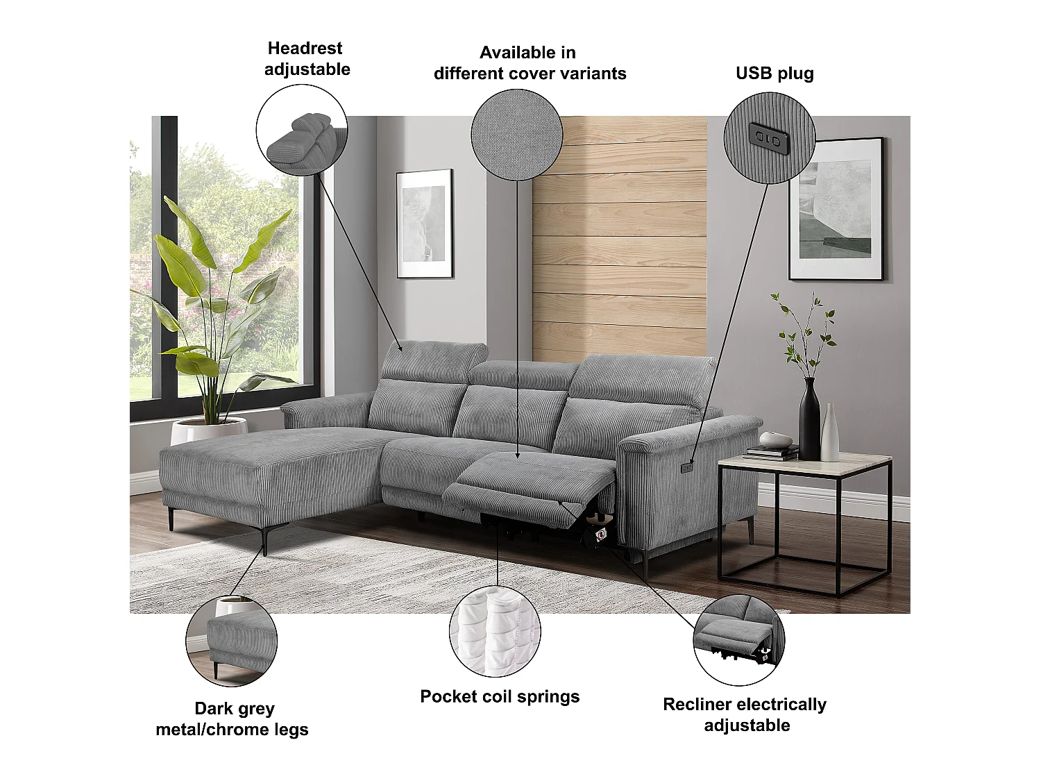 Canapé d'angle droit relax 3 places inclinable en cuir noir LUND