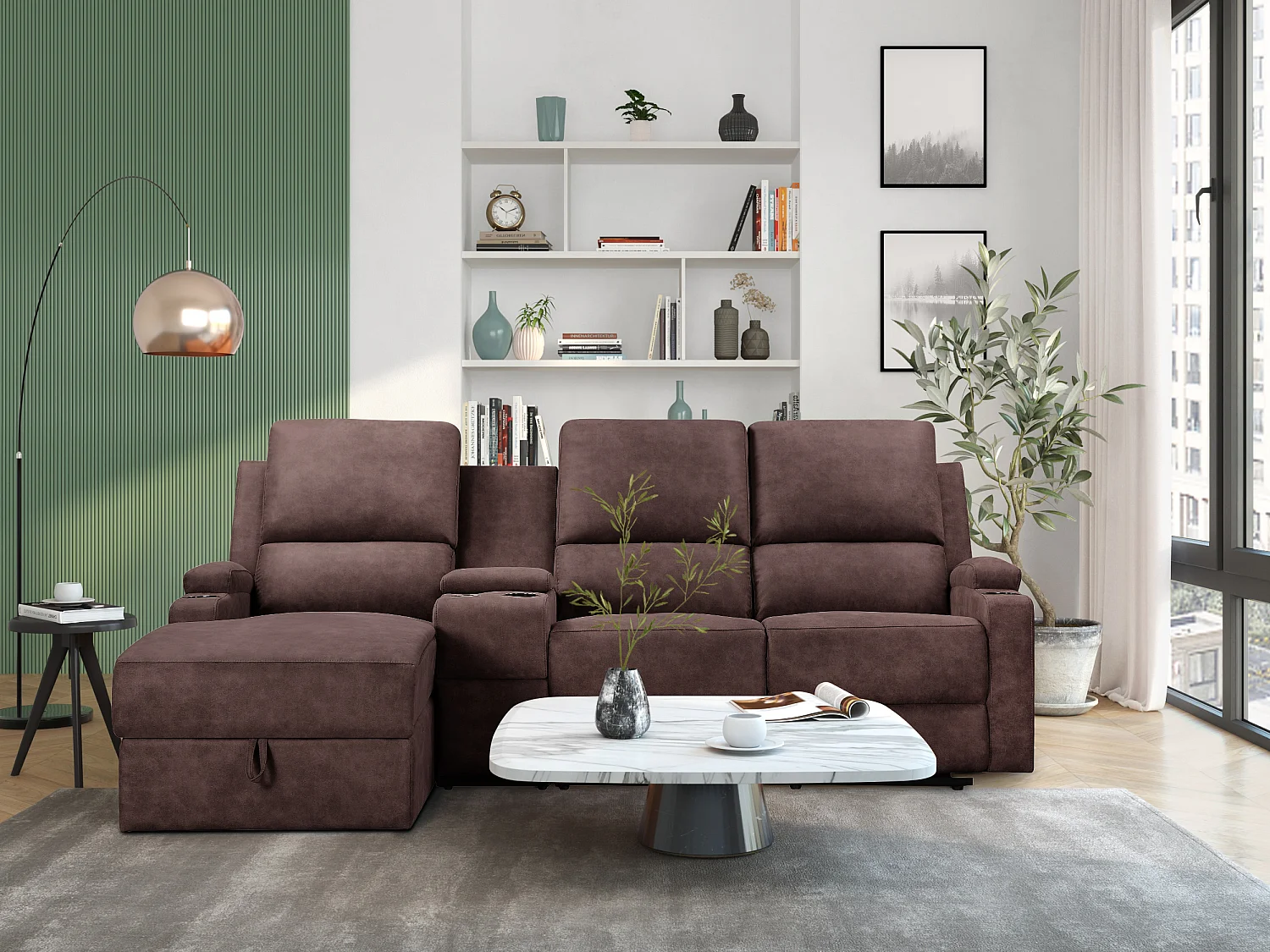 DALLAS | Canapé d’angle 3 places avec rangement en microfibre brun foncé