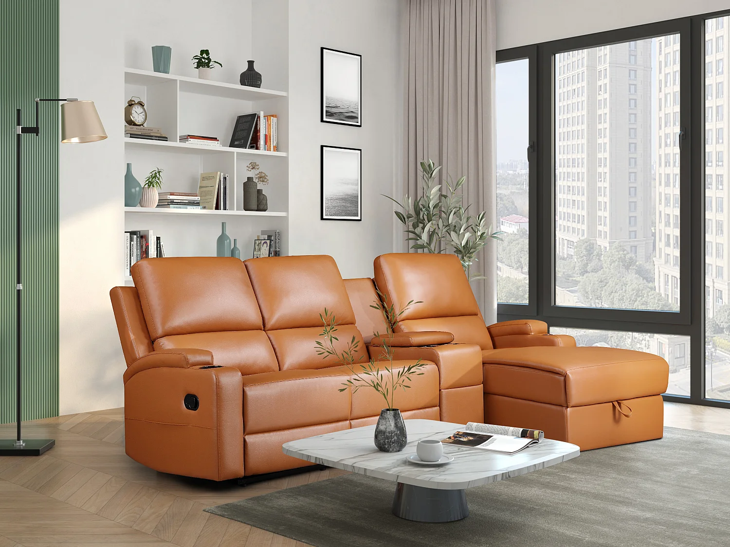 DALLAS | Canapé d’angle 3 places avec rangement en cuir artificiel couleur cognac
