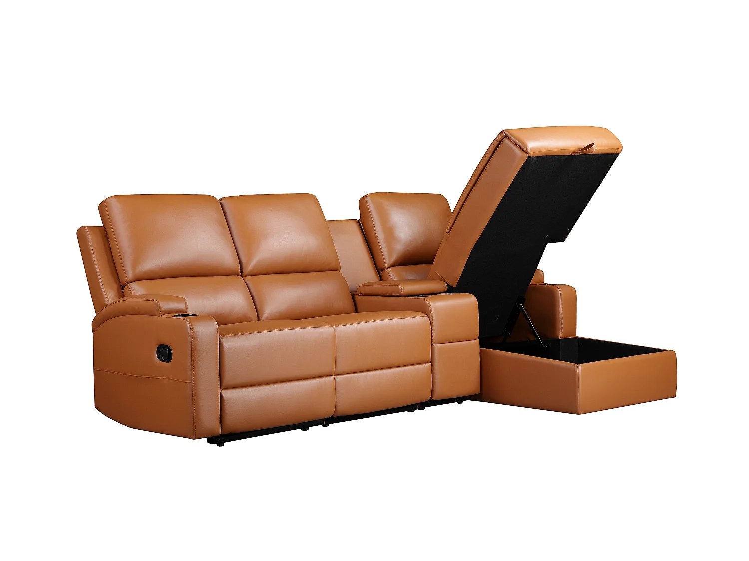DALLAS | Canapé d’angle 3 places avec rangement en cuir artificiel couleur cognac