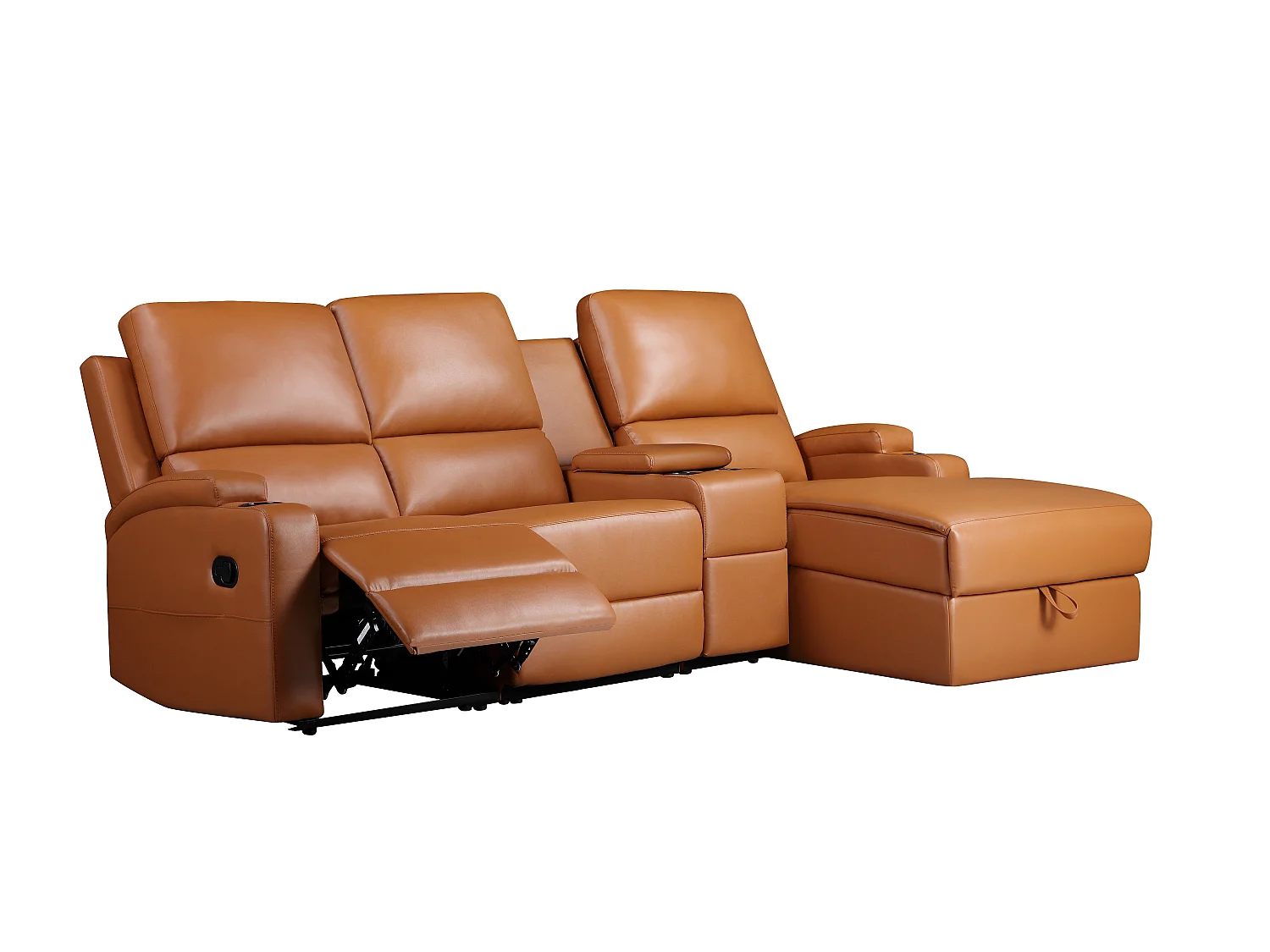 DALLAS | Canapé d’angle 3 places avec rangement en cuir artificiel couleur cognac